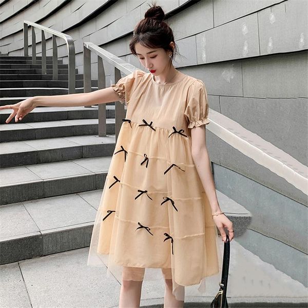 

maternity dresses summer dress bowknot chiffon short-sleeved temperament fashion mid-length stitching large size mesh tzdm22, White