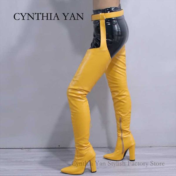 

boots autumn winter women over-the-knee pointed toe mid-heel faux side zipper stretch belt botas classics suede thigh high, Black