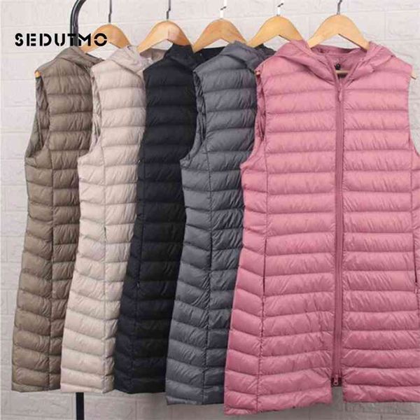 

sedutmo winter womens down coat long hooded vest ultra light waistcoat autumn slim jacket parkas ed915 210910, Black