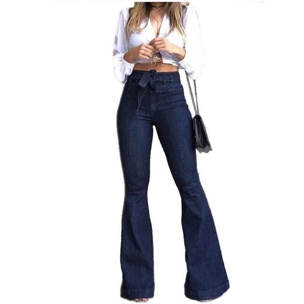

return high waisted 672 women jean mon micro elastic cotton bell bottom washed denim wide leg pants, Blue