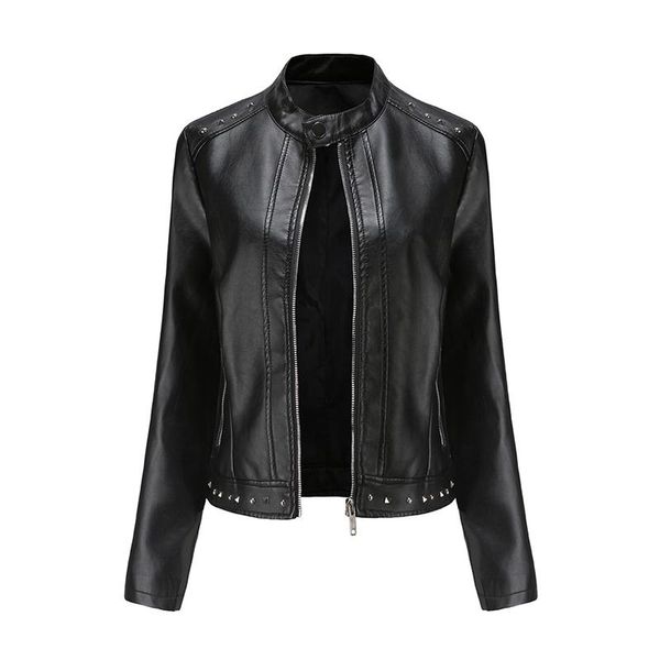 

women's leather & faux solid color casual jackets and coats women long sleeve zipper hem rivet female motorcycle jacket autumn 2021, Black
