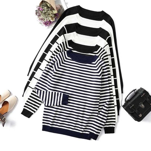 

hlbcbg stripe long sleeve black knitted sweater women autumn o-neck short pullover casual jumper pull femme 211011, White;black