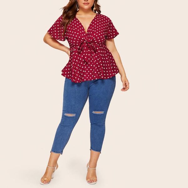 

women's t-shirt polka dot knot front plus size regular short sleeve v-neck streetwear female summer clothing frau t-shirts, White