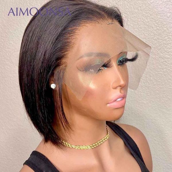 

short wig bob straight human hair lace front wigs pre plucked 13x4 frontal remy 130% density1, Black;brown