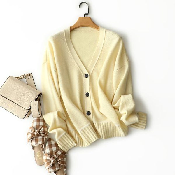 

women's knits & tees shuchan loose white cardigan 100% cashmere v-neck fall 2021 women clothing single breasted solid a-straight vintag