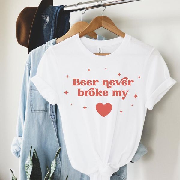 

women's t-shirt beer never broke my heart tee, valentines shirt, snob craft day gift, girlfriend alcohol shirt, White