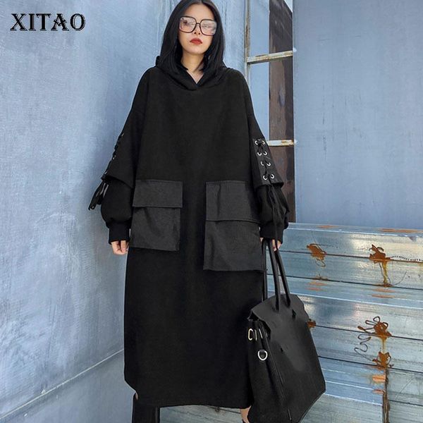 

casual dresses xitao patchwork pockets dress women 2021 winter fashion style temperament all match hooded collar zy2114, Black;gray