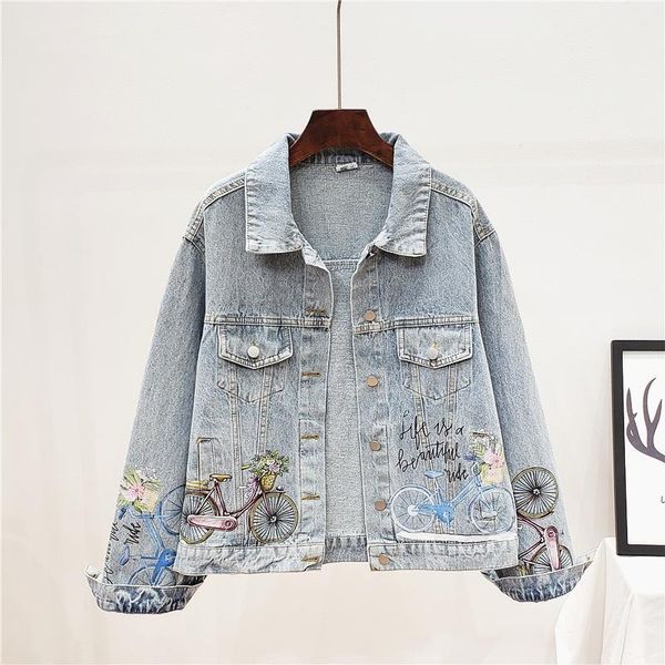 

women's jackets harajuku hand painted denim women spring big size loose chaquetas mujer long sleeve jeans jacket coat female streetwear, Black;brown