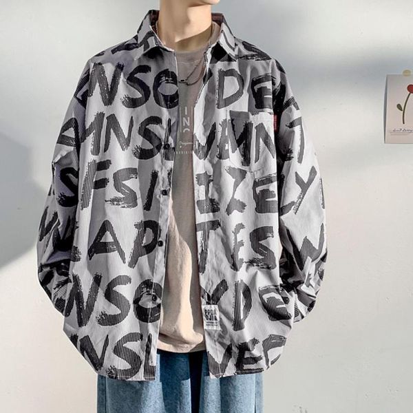 

men's casual shirts streetwear fashion harajuku mens shirt letter design loose button long sleeve blouses 4xl 5xl, White;black