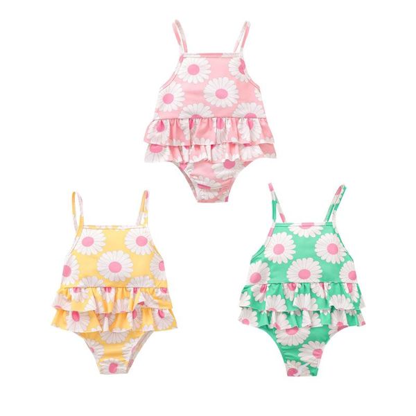 

1-6y toddler kids baby girl swimwear floral print double ruffled sleeveless backless swimsuit swimming summer 3 colors one-pieces, Black