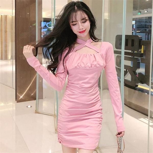 

casual dresses real s ladies halter cross dress slim was thin bag hip pleated base, Black;gray