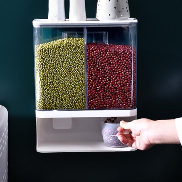 

1/1.5/3l wall mounted separate rice bucket cereal dispenser moisture proof plastic automatic racks sealed storage box bottles & jars