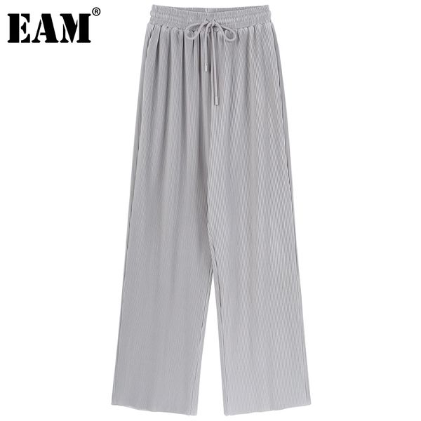 

[eam] high elastic waist gray pleated long wide leg trousers loose fit pants women fashion spring summer 1dd8752 210512, Black;white