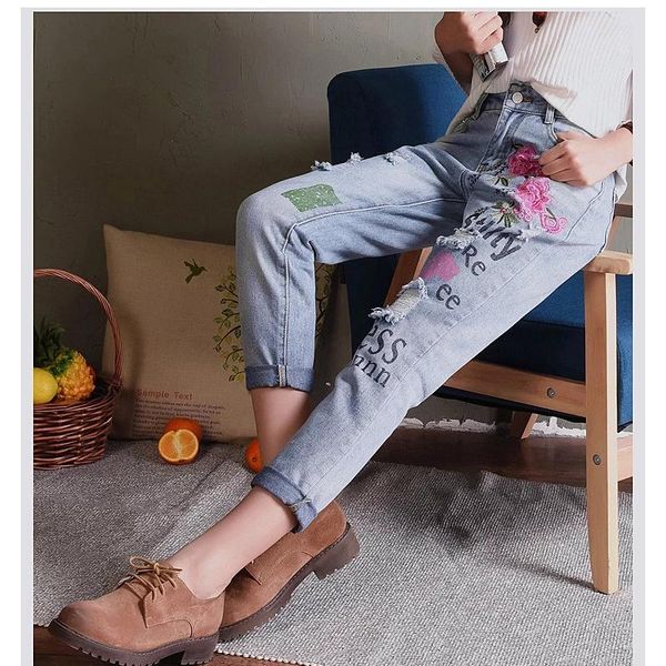 

womens jeans with flowers embroidery boyfriend ripped for women harajuku printing pantalon femme stretch trousers women's, Blue
