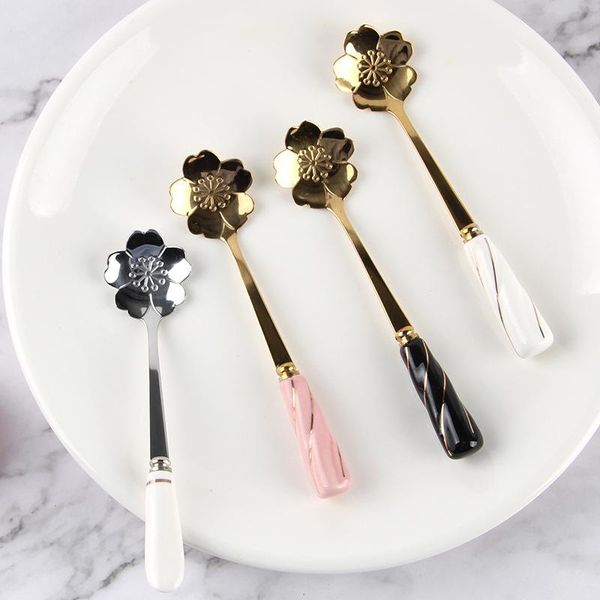 

spoons creative cute flower shape stainless steel coffee stirring spoon ceramic handle dessert cup