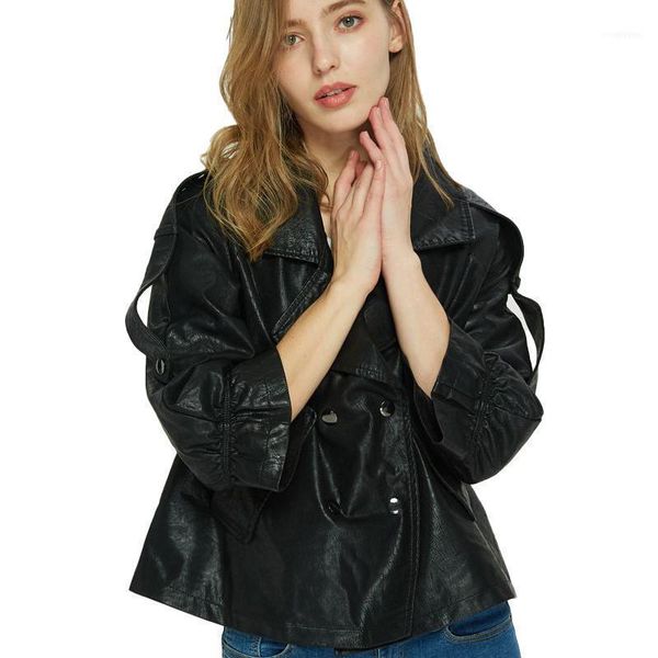 

leather women's 2021 spring autumn loose short students were thin slim pu korean locomotive large size jacket ll461, Black
