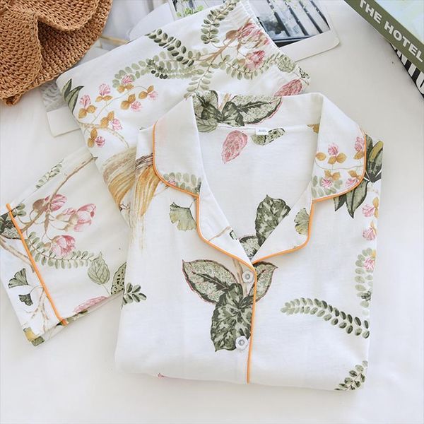 

spring and autumn 100% knitted women sleepwear pajamas long sleeved trousers suit fresh leaves large size loose thin home service, Black;red