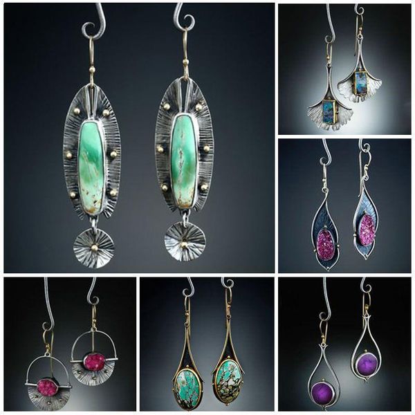 

dangle & chandelier vintage earrings tribal geometric stone hook female gypsy long statement earring pendientes mujer z4d326, Silver