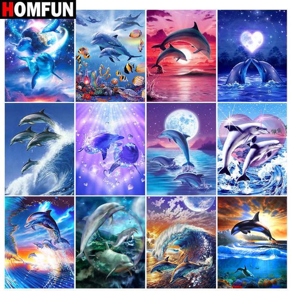 HOMFUN 3D-Gemälde „Delfinlandschaft“ zum Selbermachen, voller Strasssteine, Kreuzstich-Set, quadratisch, rund, Diamant-Stickerei