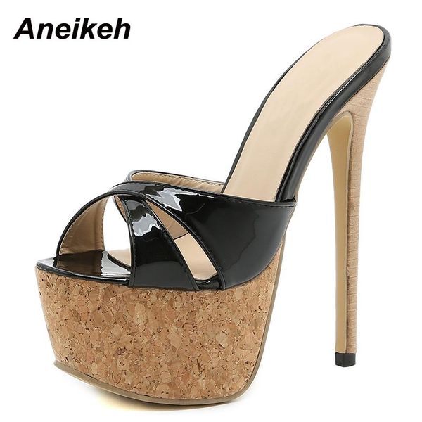 

dress shoes aneikeh patent leather sandals women summer mules platform stiletto heels ultra high gladiator pumps catwalk model, Black