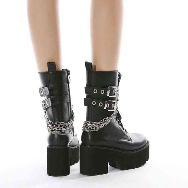 

boots female chain metal buckle mid calf shoes punk chunk motorcycle women platform brand boots wdwm, Black