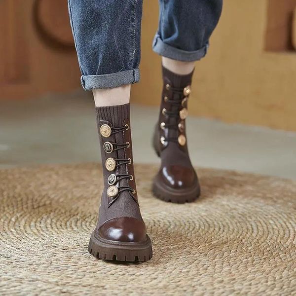 

boots lace-up ankle for women shoes round toe platform thick heels short autumn height increasing motorcycle, Black