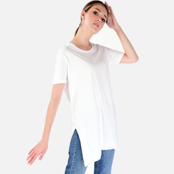 

women's t-shirt european and american summer clothing round neck short-sleeved long slit t-shirt 8808 v22d, White