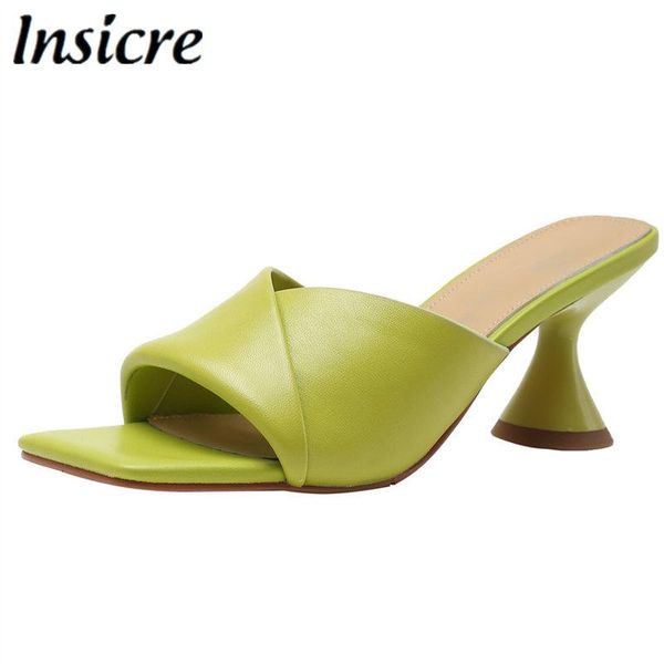 

dress shoes insicre summer fashion slippers strange goblet heels solid color slip on sandals women 2021 sheepskin outdoor party, Black