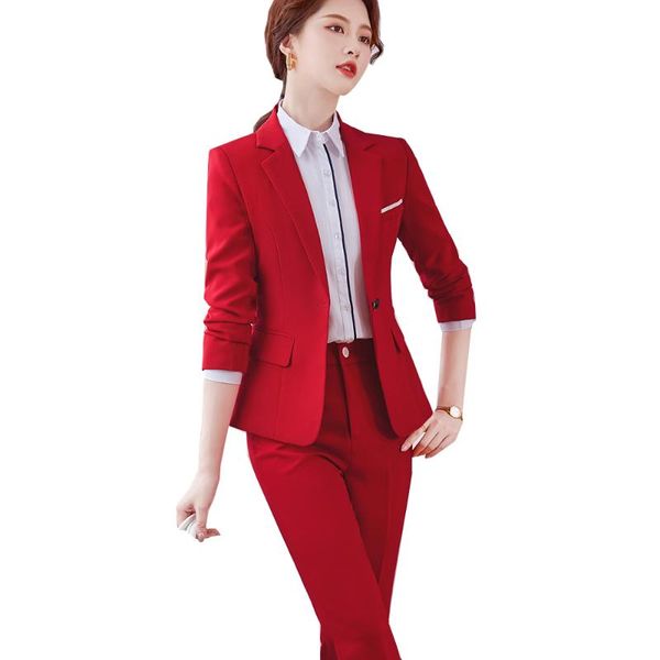 

women's two piece pants office ladies formal business work wear pant suit women red black gray blue long sleeve classic solid slim set, White
