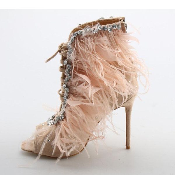 

kid suede feather women sandals peep toe high heels pink black jewel shoes cross strap gladiator sandalias mujer