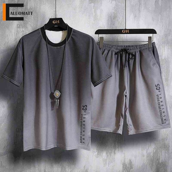 

fashion summer men's sets tracksuit men short sleeve gradient print t-shirt shorts 2 piece street hip hop male sportswear suit 210714, Gray