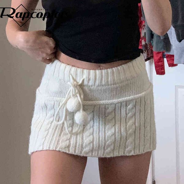 

rapcopter y2k knitted mini skirts lace up fur cute sweet pencil twist skinny low waisted short women autumn chic, Black;white