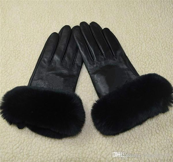 

2021 premium brand winter leather gloves and fleece touch screen rex rabbit fur mouth cycling cold-proof thermal sheepskin sub finger gloves, Blue;gray