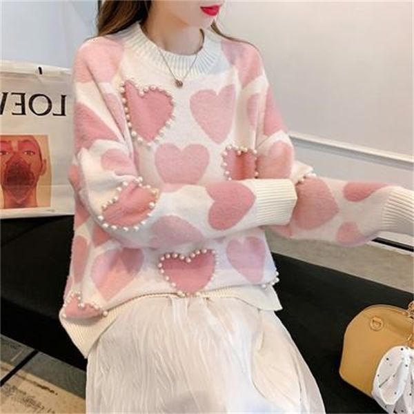 

sweaters pullovers o-neck knitted sweaters women pearls beading sweet heart jumpers long sleeve kawaii pull female top, White;black