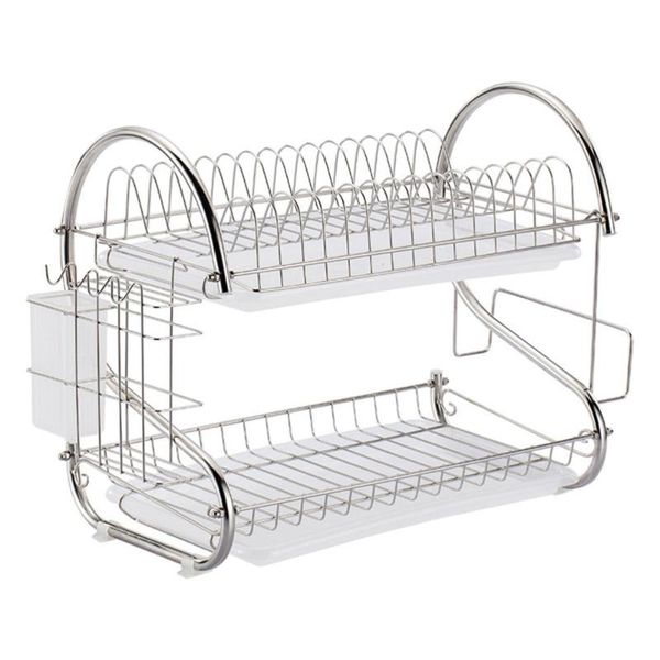 

kitchen storage & organization stainless steel dish drain rack double layer stand practical shelf for home (silver)