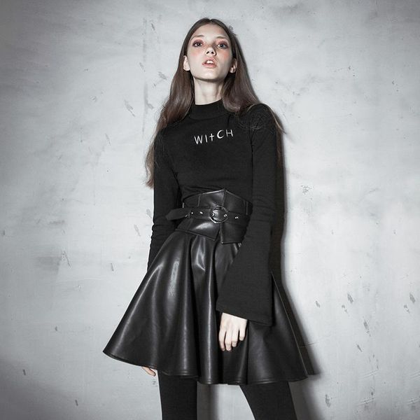 

skirts punk rave dark women's pu leather skirt high waist slim a word short, Black