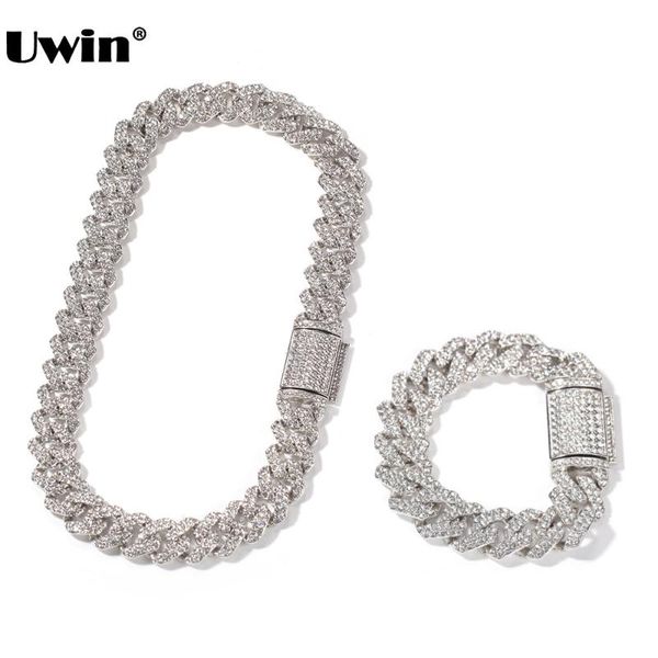 

earrings & necklace uwin 18mm zinc alloy miami cuban chain necklace/bracelet set for men iced out bling rhinestones hip hop jewelry drop, Silver