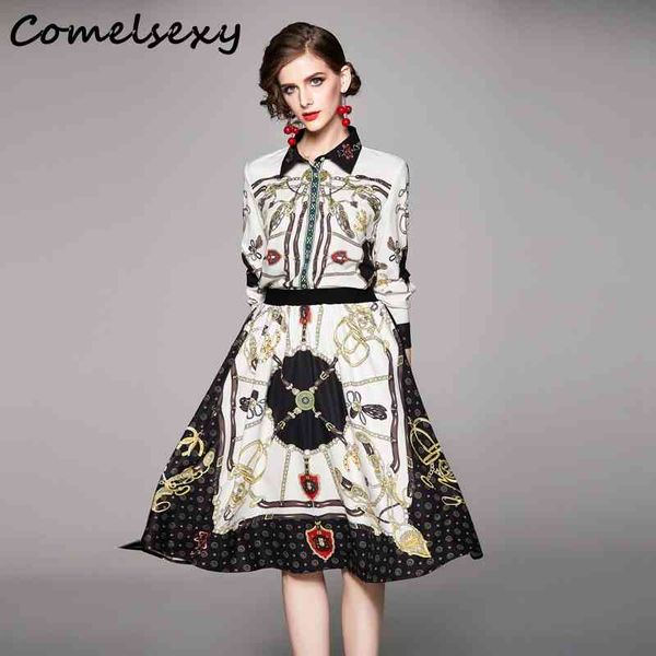 

autumn fashion elegant skirt two pieces set women's vintage print blouses shirt + elastic waist casual midi skirts set vestidos 210515, White