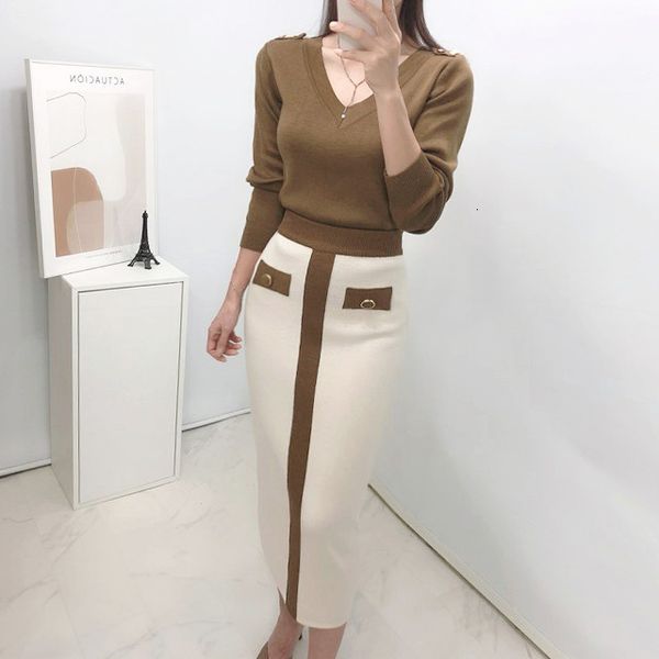 

two piece dress autumn korean knitted elegant sets women v-neck sweater + color-blocked long skirt ladies fashion suits outfits og, White