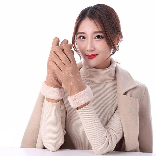 

five fingers gloves women warming hand suede snowflake touches screen thickened fleece lined warm bmf88, Blue;gray