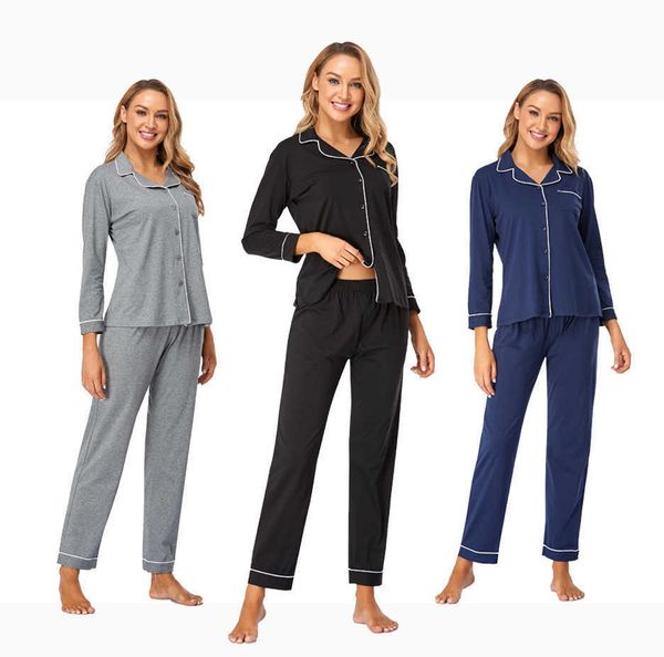 

sleepwear women's cotton single breasted long sleeve trousers pajamas suit, Black;red
