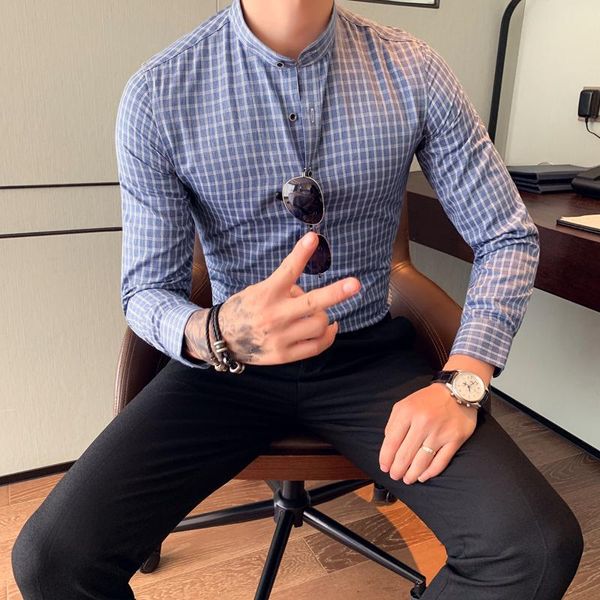 

men's casual shirts fashion dress mens plaid mandarin collar small checkered clothes stylish print slim fit, White;black