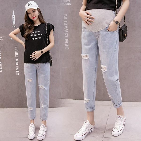 

maternity bottoms hole women pants thin section stomach lift ultra-thin denim pregnant jeans cropped trousers, White