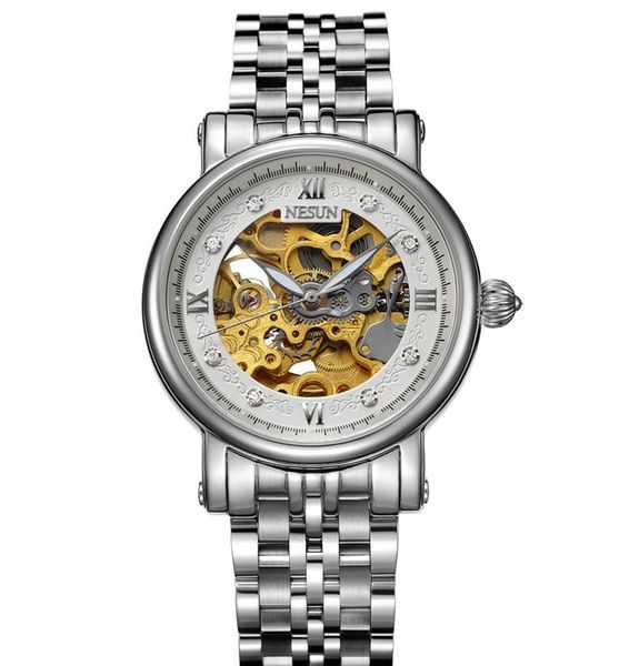 

wristwatches nesun watch men's luxury hollow automatic mechanical fashion casual waterproof stainless steel watches relogio masculino, Slivery;brown