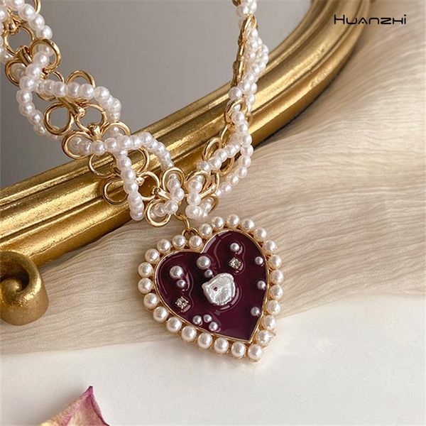 

pendant necklaces huanzhi 2021 vintage dripping oil glaze enamel love pearl necklace gold metal choker for women girls party jewelry, Silver