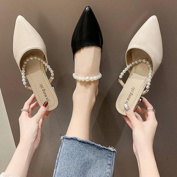 

woman's slippers the solid color pointed sandals square heel all-match comfortable high shoes casual, Black