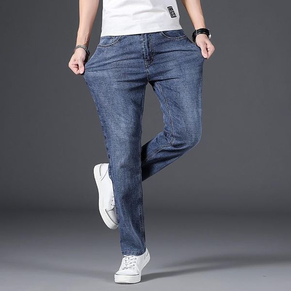 

men's jeans 2021 classic style men straight fashion casual cotton elastic denim pants male brand, Blue
