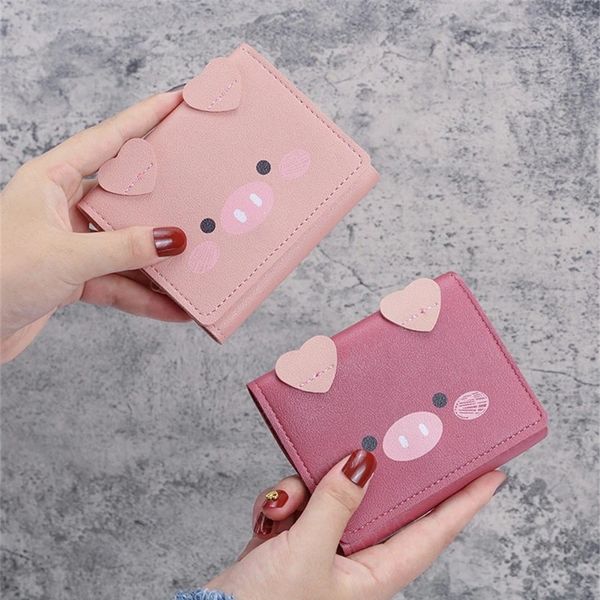 Women Short Three-fold Mini PU Wallet Female Cartoon Cute Pig Student Purse Korean Multi-card Bit Card/ID Holders Wallet