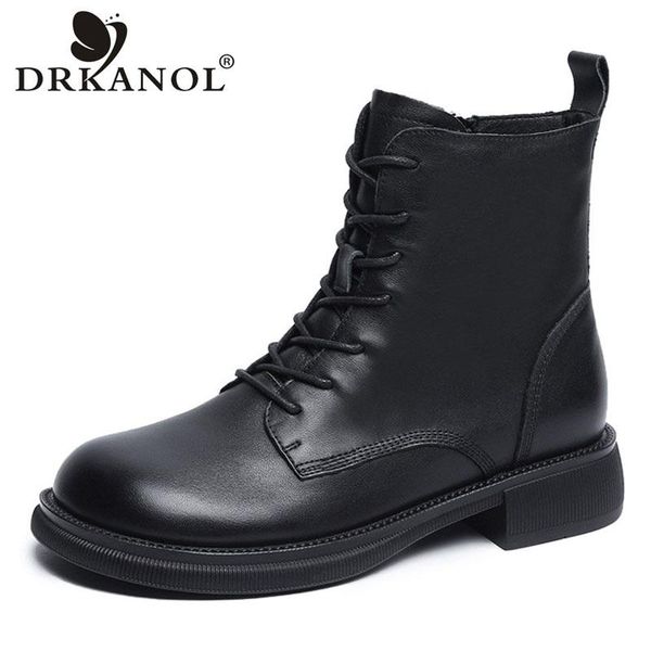 

boots drkanol fashion women autumn winter warm mid heel ankle ladies round toe genuine leather soft, Black
