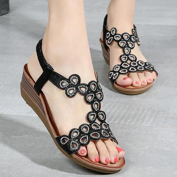 

{d&henlu}gold sandals ladies wedge hollow crystal rhinestone silver bohemia sandalias de verano para mujer 2021, Black